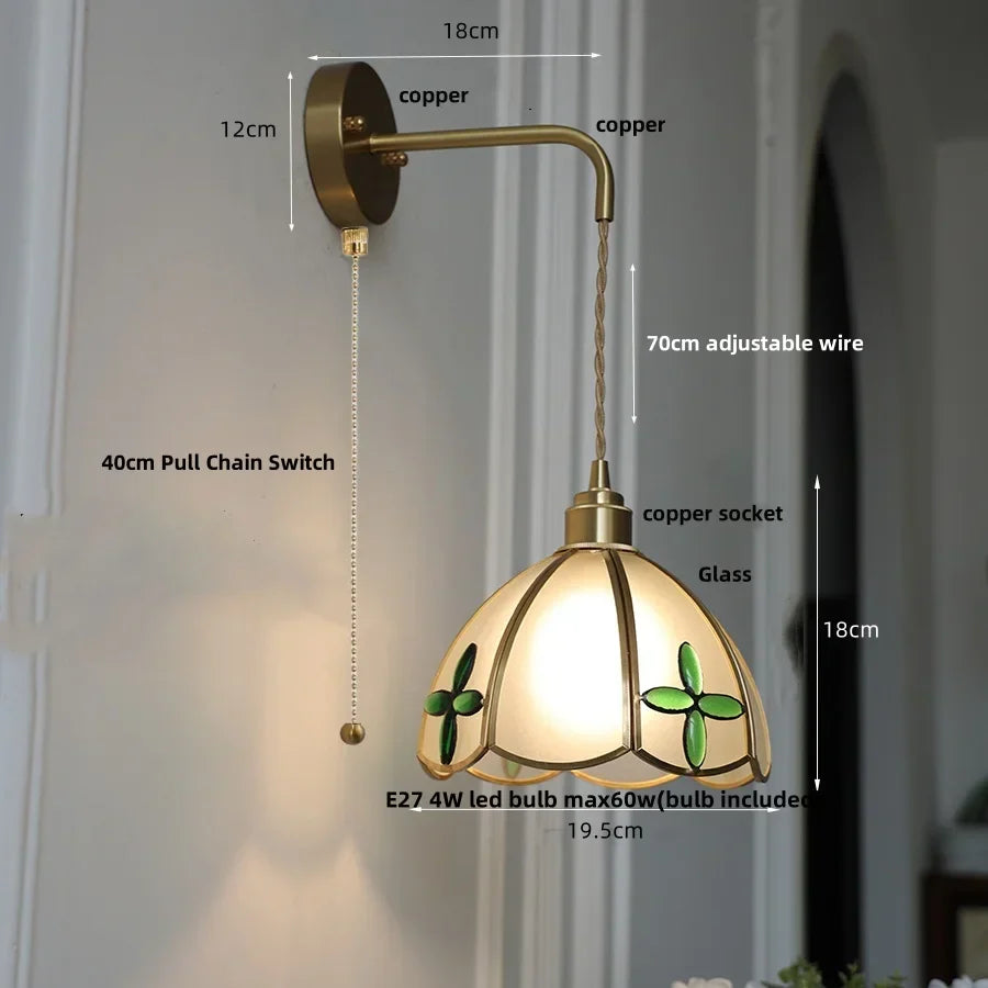 Tiffany Glass LED Wall Sconce Pull Chain Switch Bedroom Foyer Lamp