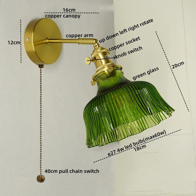 Nordic LED Wall Lights Pull Chain Switch Copper Glass Home Decor