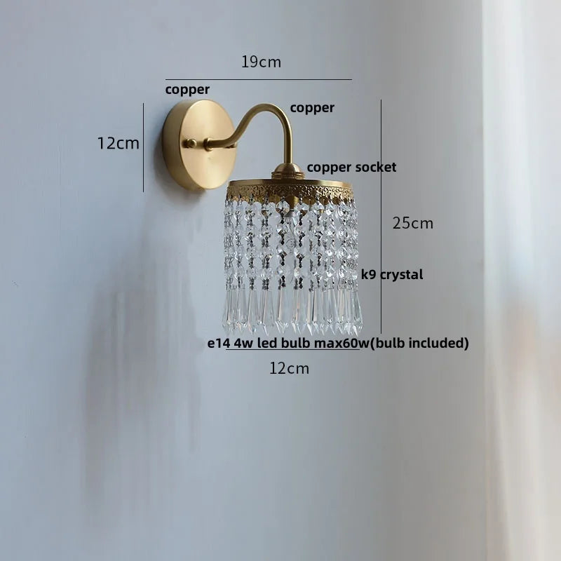 Vintage Crystal LED Wall Lights Pull Chain Switch Copper E14 Stair Fixtures