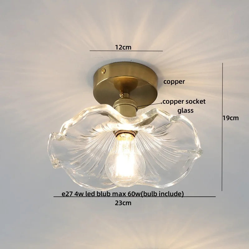 White Glass LED Ceiling Light Fixture with Wood Copper Canopy