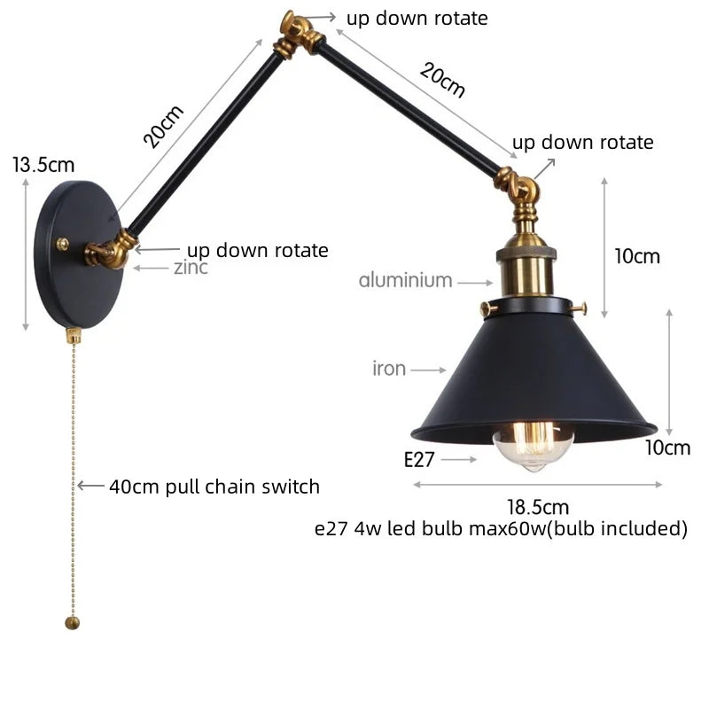 Gold Long Arm LED Wall Sconce with Pull Chain Switch, Adjustable Industrial Bedside Lamp