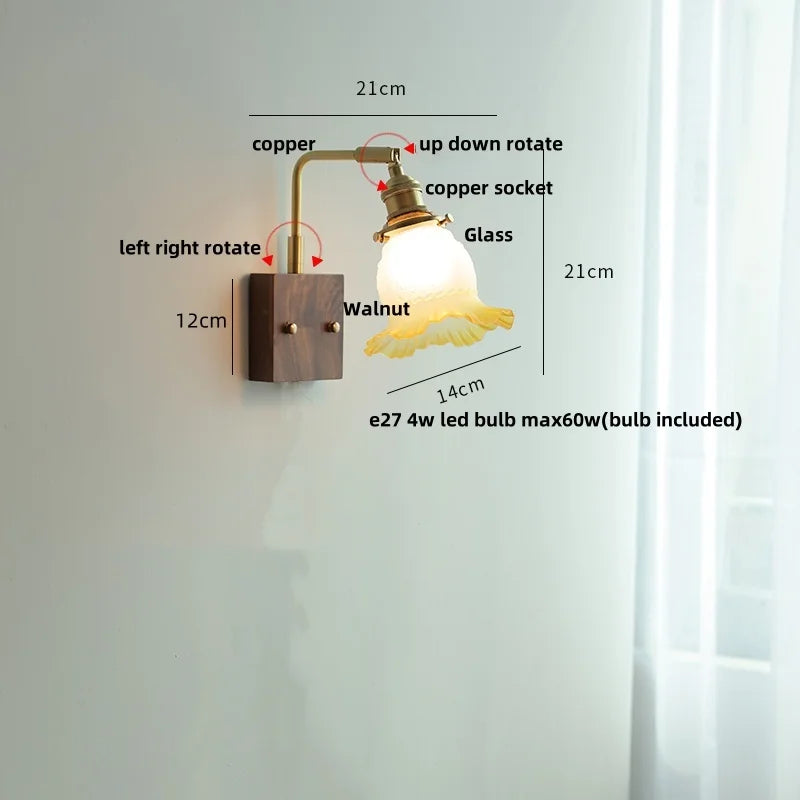 Yellow Glass LED Wall Sconce Walnut Wood Bedside Lamp