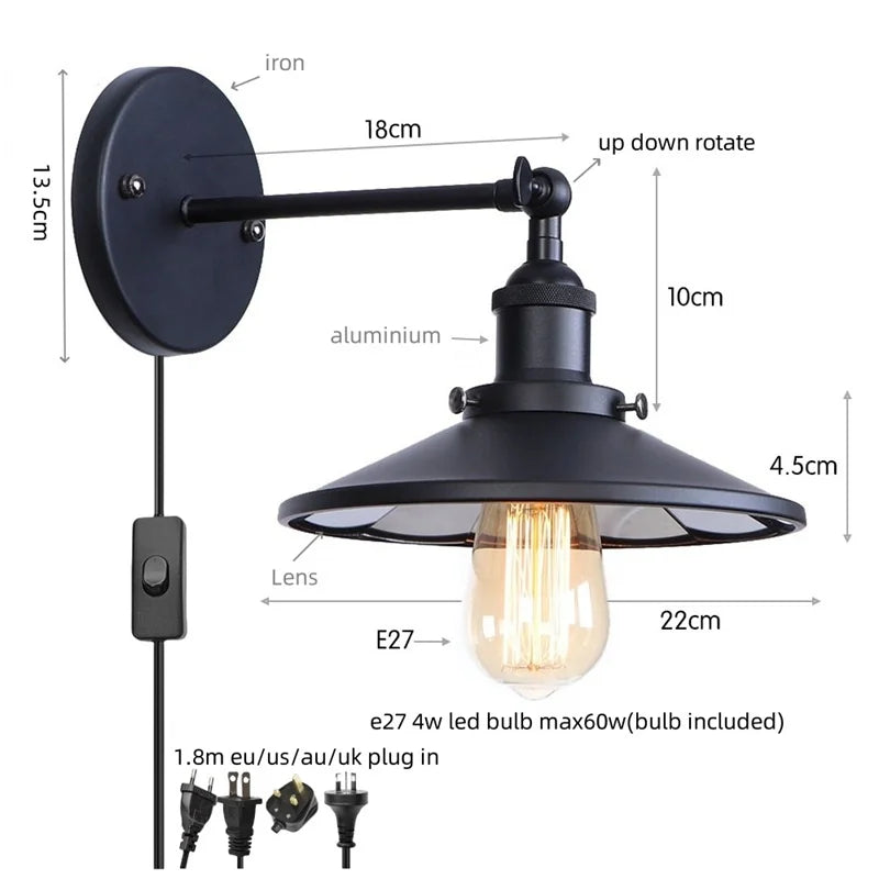 Vintage LED Pull Chain Wall Lights, Industrial Retro Iron Aisle Bedside Lamp