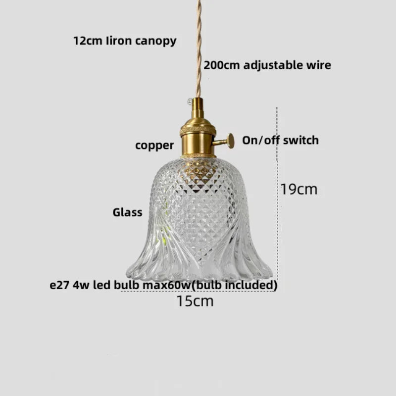 Walnut Wood LED Pendant Light Fixture with Glass Lampshade and Knob Switch