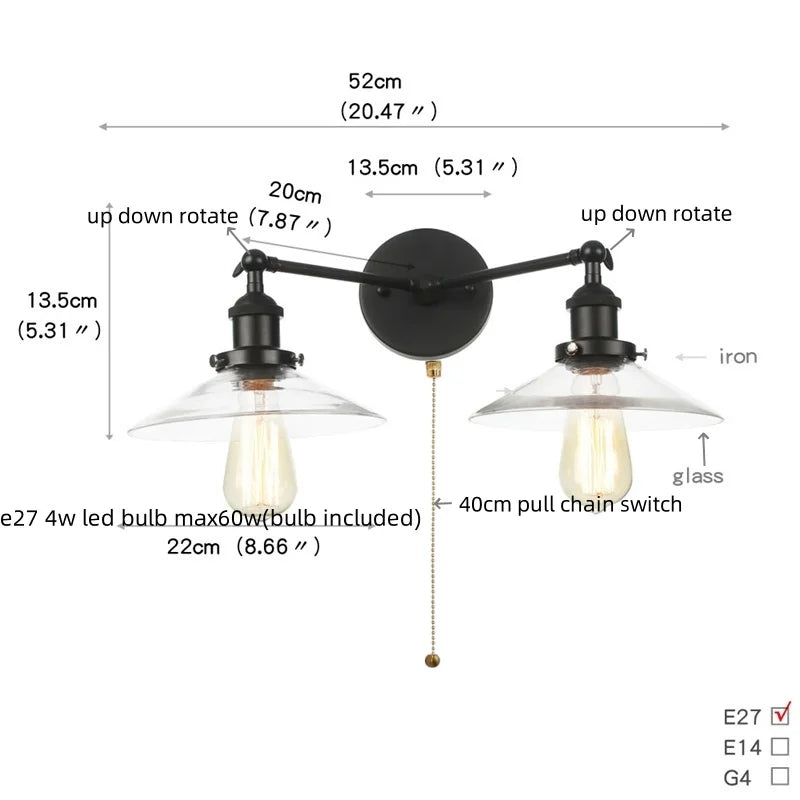 Black LED Wall Sconce 2-Head Lamp for Bedroom Bathroom Mirror