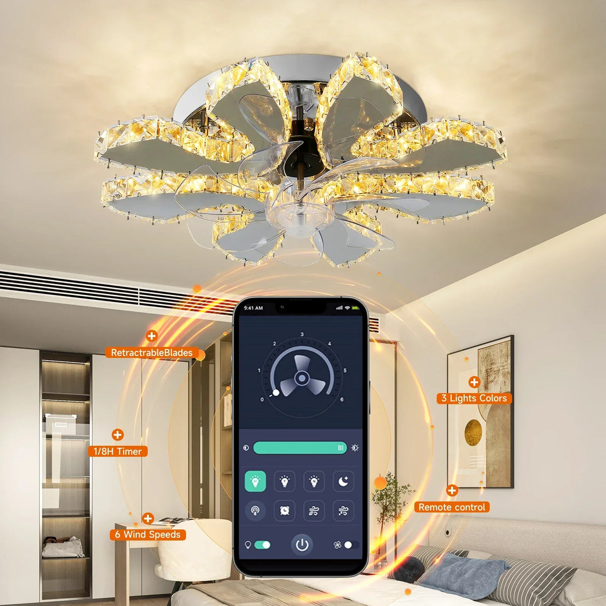 Crystal Luxury Ceiling Fan with LED Lamp Chandelier Smart Home Decor Fixtures