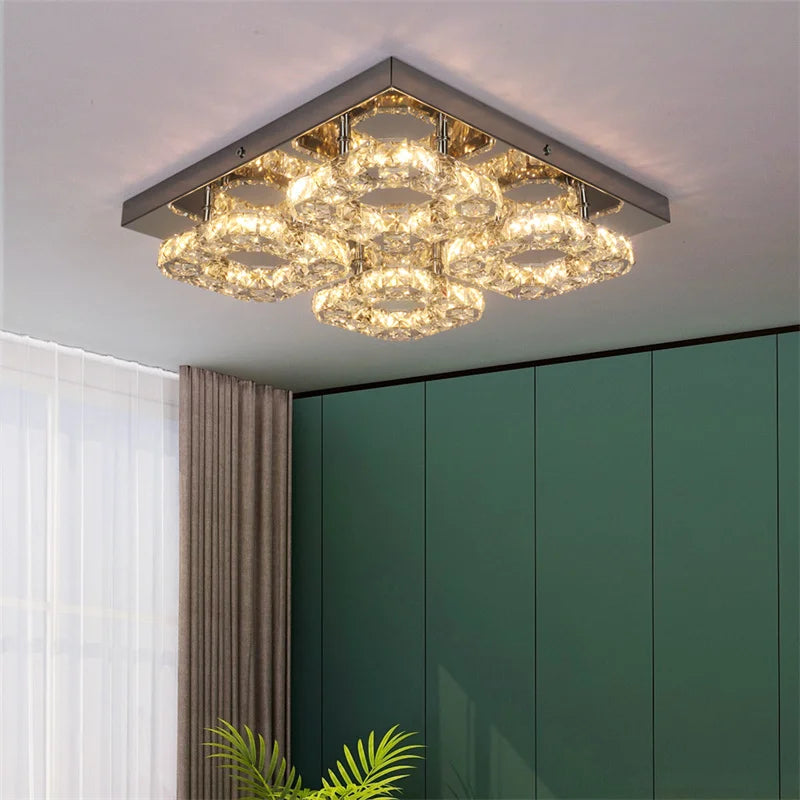 Crystal LED Ceiling Light: Modern Square K9 Chandeliers, Dimmable Stainless Steel Fixture.