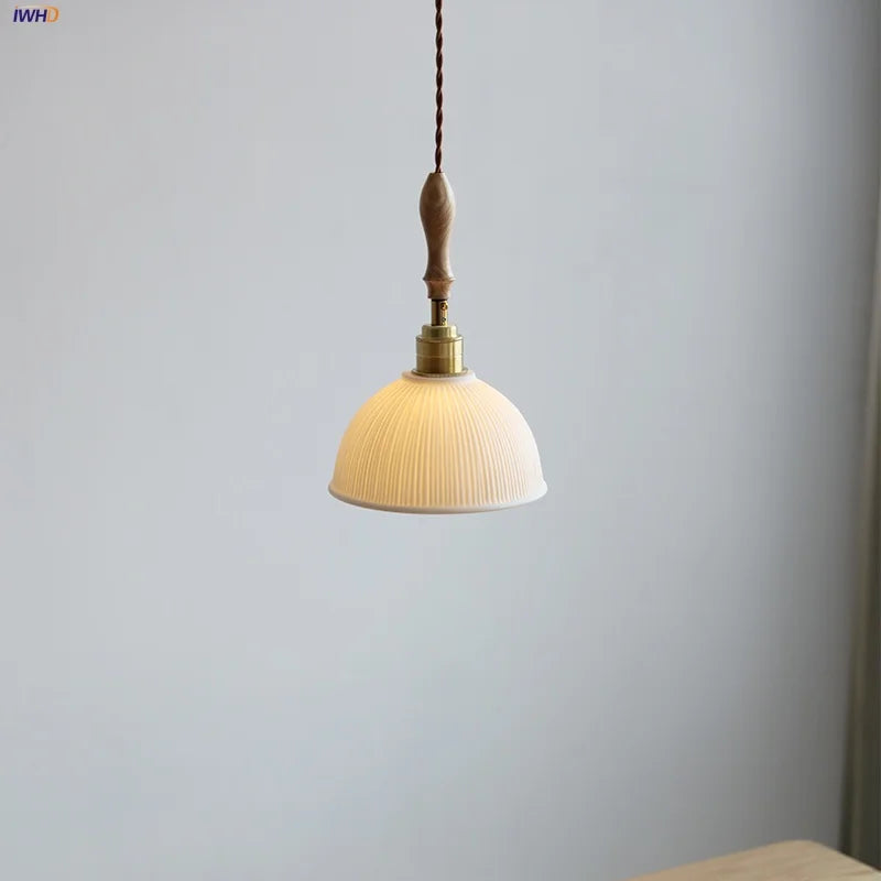 LED Pendant Light Ash Wood White Ceramic Japanese Style Hanging Lamp