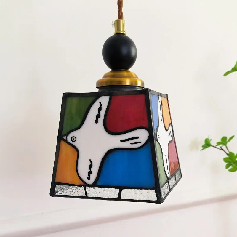 Peace Dove Glass Pendant Light Fixture Wood Copper Tiffany Style LED Hanging Lamp