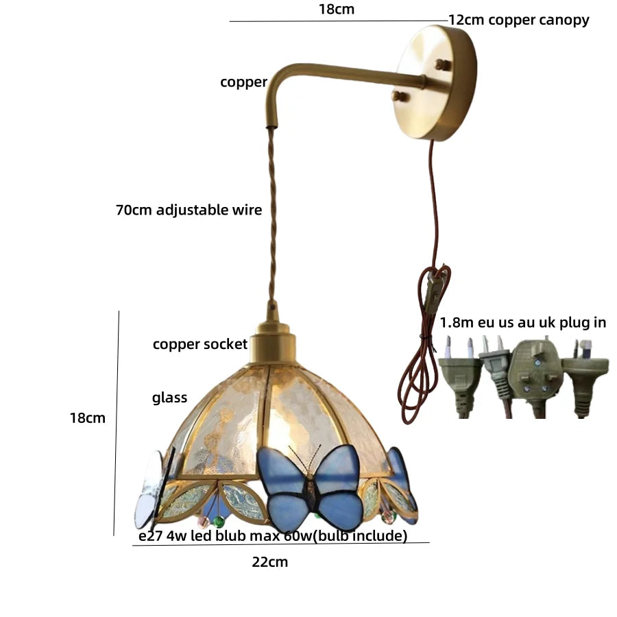 Afralia Tiffany Butterfly Glass Wall Lamp with Adjustable LED Light