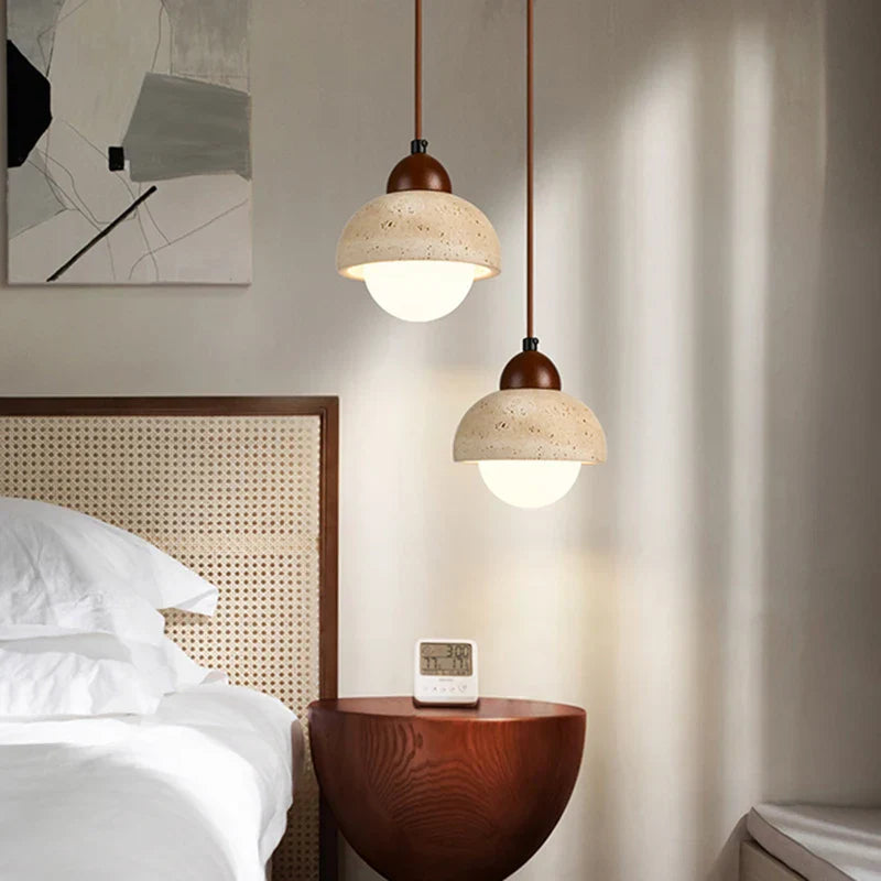 Yellow Travertine LED Pendant Lamp with White Glass Canopy