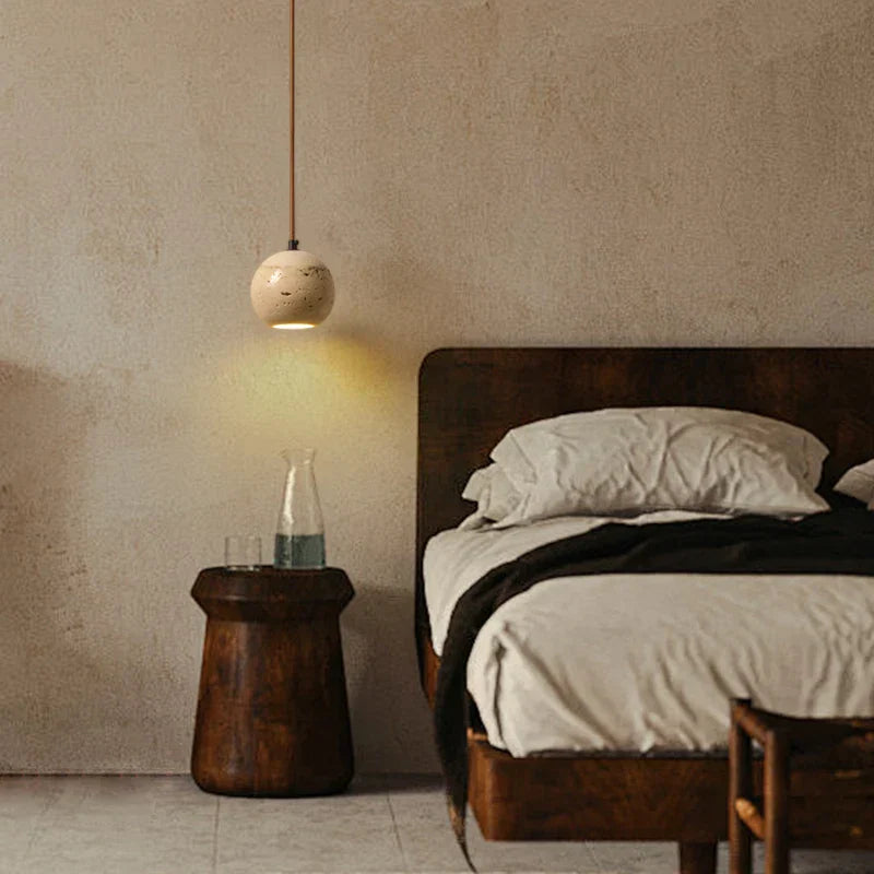 Yellow Travertine Wood Canopy Pendant Lights - Japanese Style Adjustable Globe LED Hang Lamp