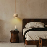 Yellow Travertine Wood Canopy Pendant Lights - Japanese Style Adjustable Globe LED Hang Lamp