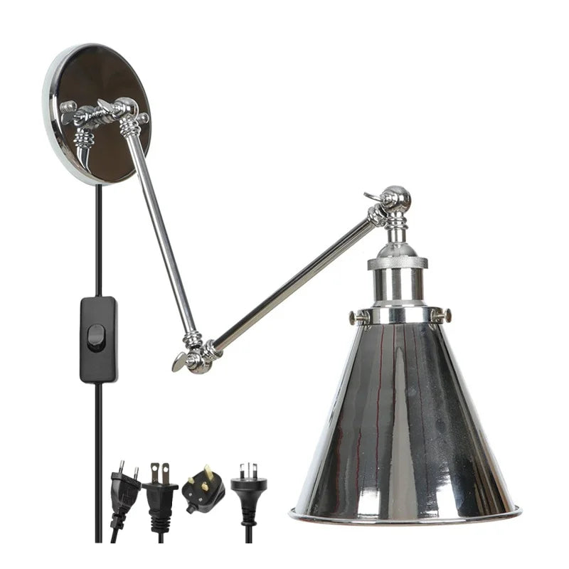 Silver Iron LED Swing Arm Wall Lights, Industrial Style, Plug-In, Stair & Bedside Lamp