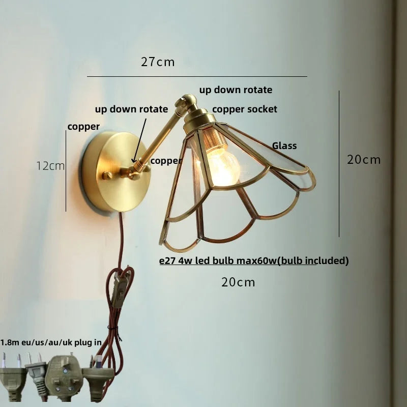 Modern Copper Glass Wall Light with Pull Chain Switch