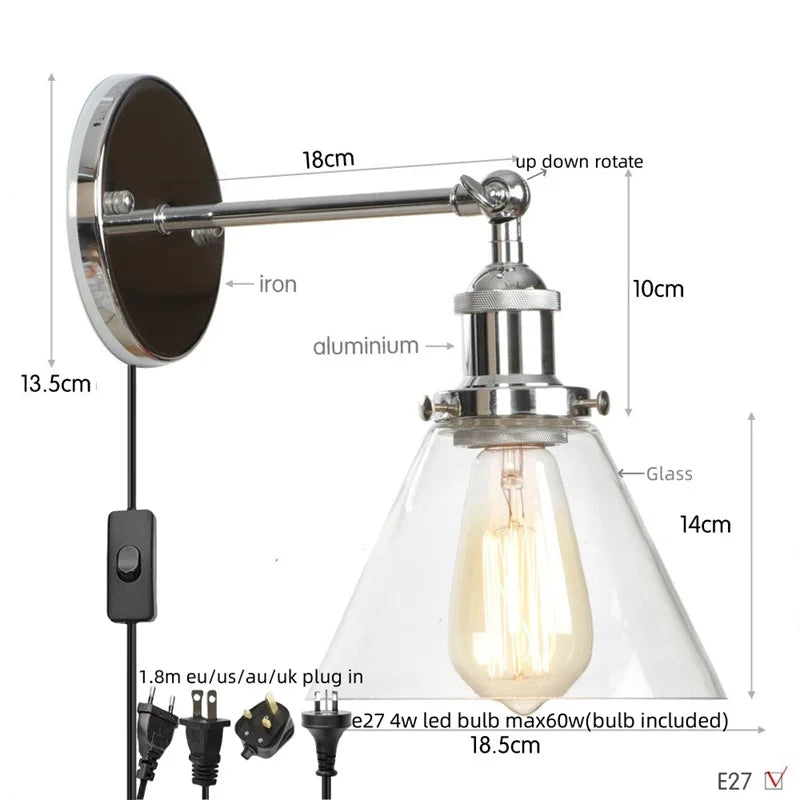 Vintage Industrial LED Wall Sconce Clear Glass Bathroom Lamp