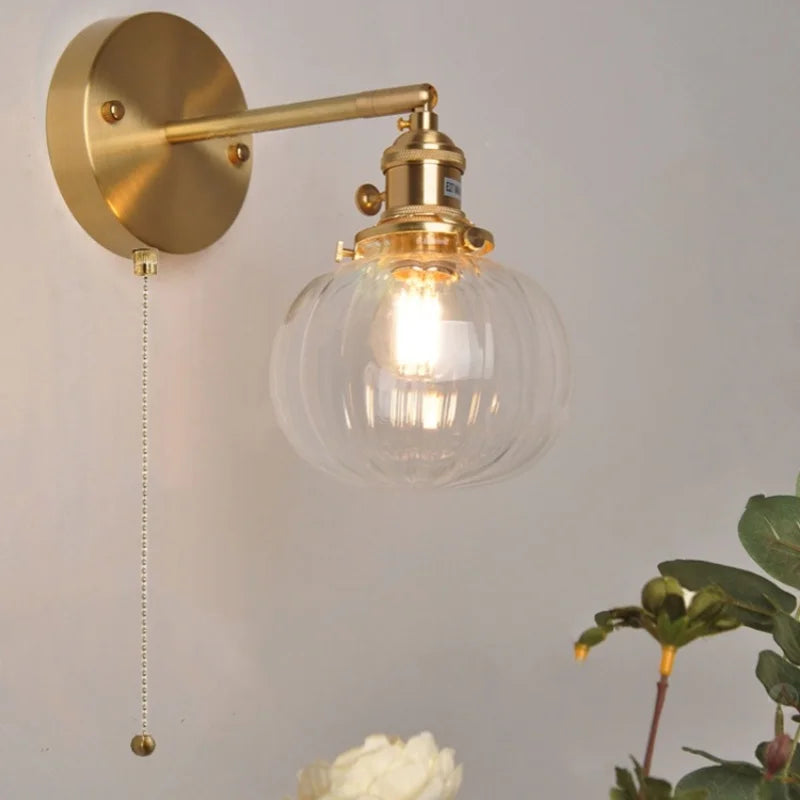 Nordic LED Glass Wall Light Fixture with Pull Chain Switch - Modern Rotating Bedside Lamp