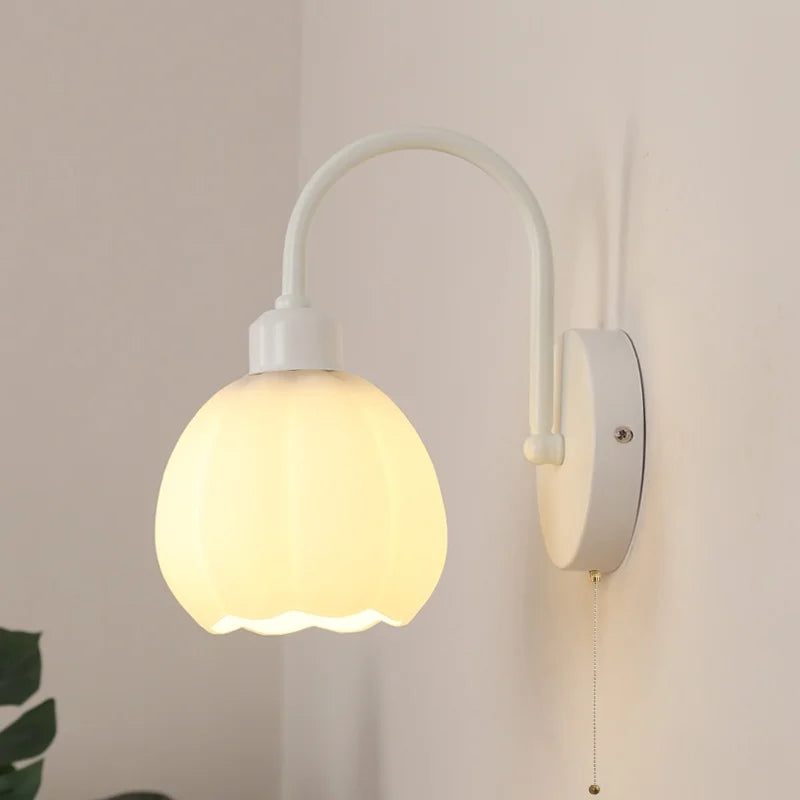 White Glass LED Wall Lights Modern Simple Pull Chain Switch Iron Stair Light