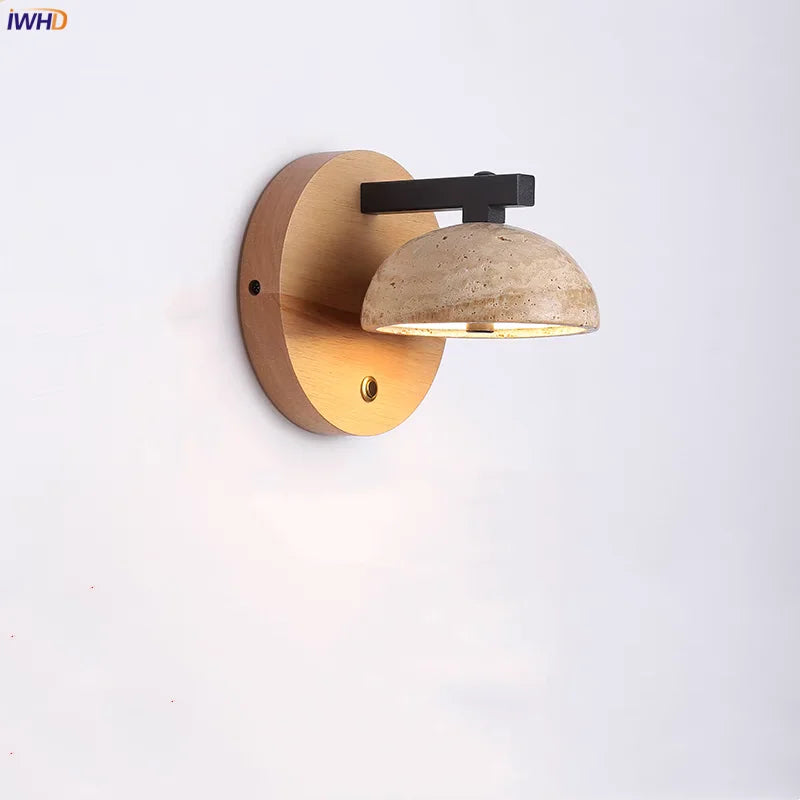 Black Iron LED Wall Light Fixture Coffee Nordic Modern Natural Wood Bedside Lamp