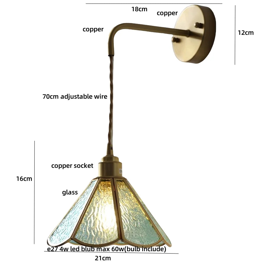 Blue Glass LED Wall Sconce Pull Chain Switch Staircase Tiffany Style Mirror Light