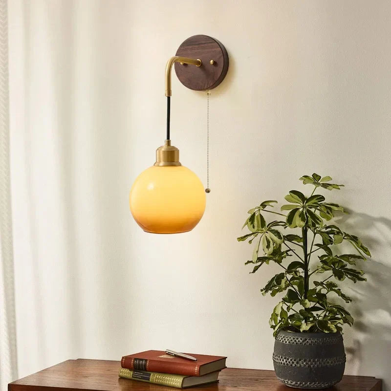 Wood LED Wall Lamp with Pull Chain Switch for Living Room, Dining Room, Bathroom
