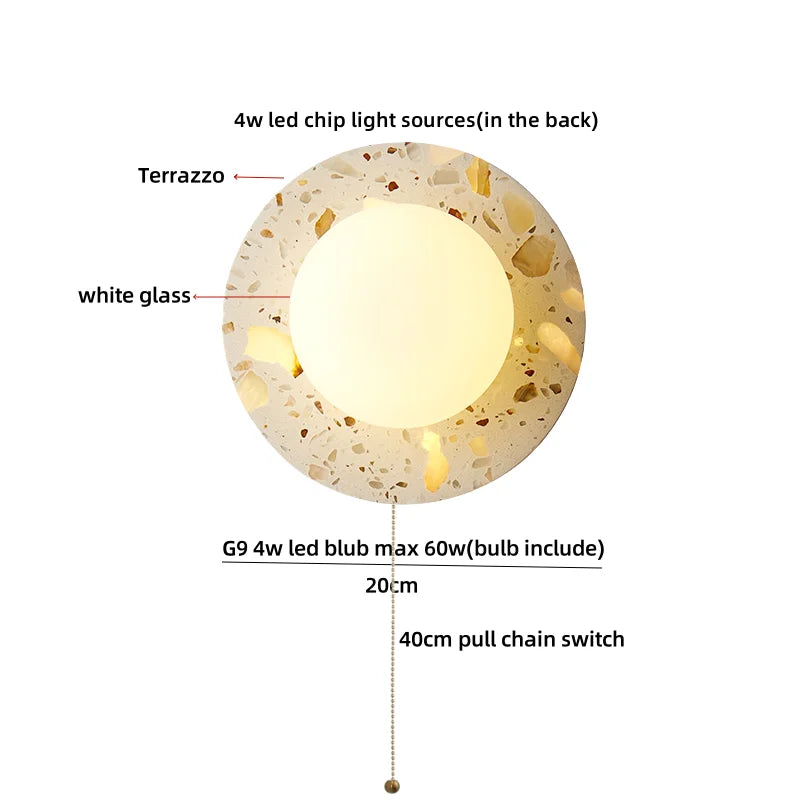 Terrazzo Stone Glass LED Wall Light Fixture with Pull Chain Switch