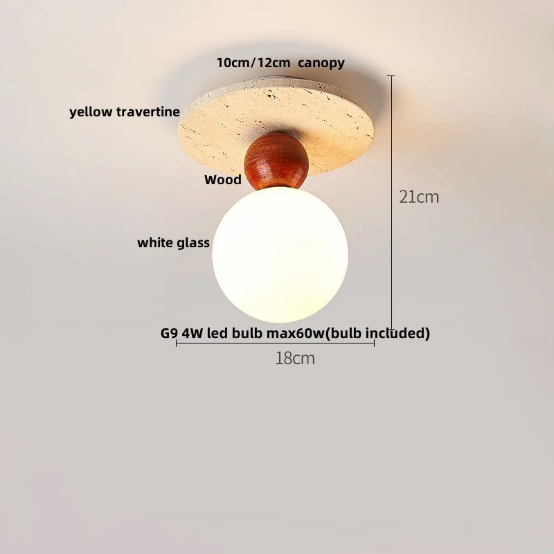 Yellow Travertine Stone LED Ceiling Light Fixture White Glass Ceiling Lamp