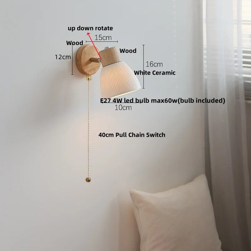 Afralia™ White Ceramic LED Wall Light with Pull Chain Switch and Wood Base