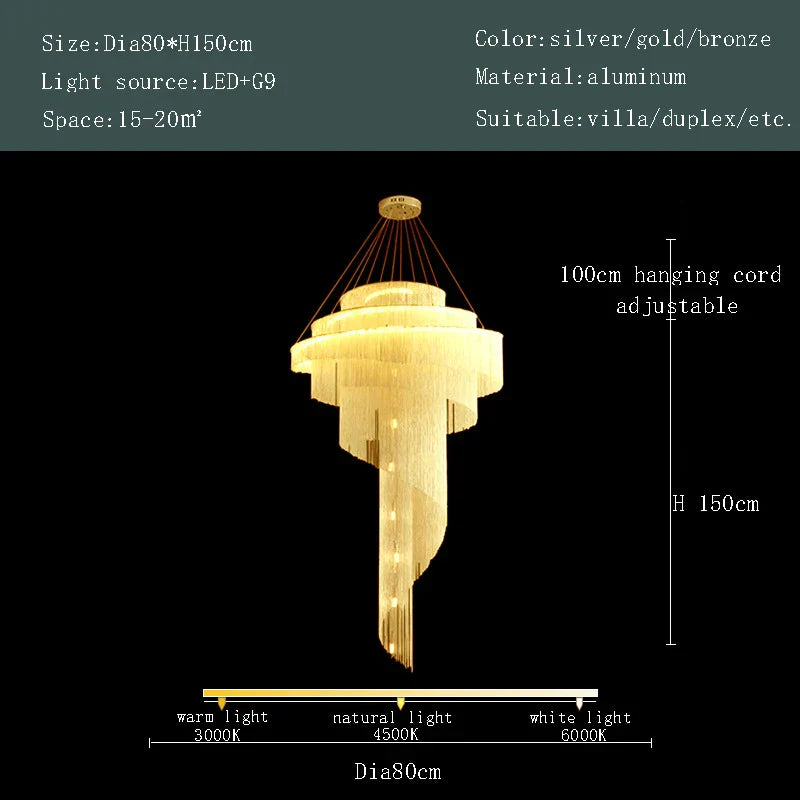 Gold Tassel LED Chandelier for High Ceilings - Elegant Home Decor Lighting