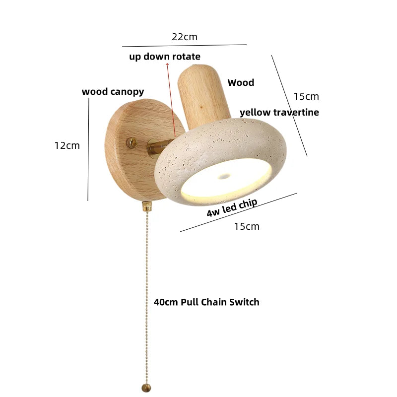 Yellow Travertine Wood Wall Light: Up Down Rotate LED Fixture with Pull Chain Switch.