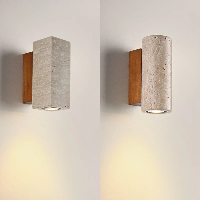LED Wall Sconce Yellow Travertine Stone Bedroom Study Cafe Wood Base Stair Light