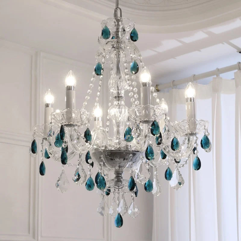 Blue Crystal Chandelier: Luxury E14 Pendant Lights for Living Room and Bedroom