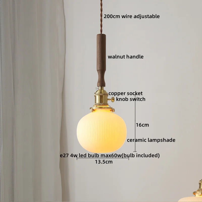 Ceramic Walnut Copper LED Pendant Light Chandelier for Bedroom Living Room