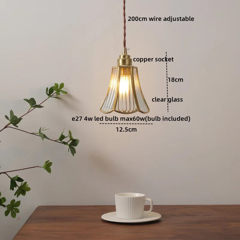 Amber Glass LED Pendant Light - Nordic Modern Copper Suspension Luminaire for Home