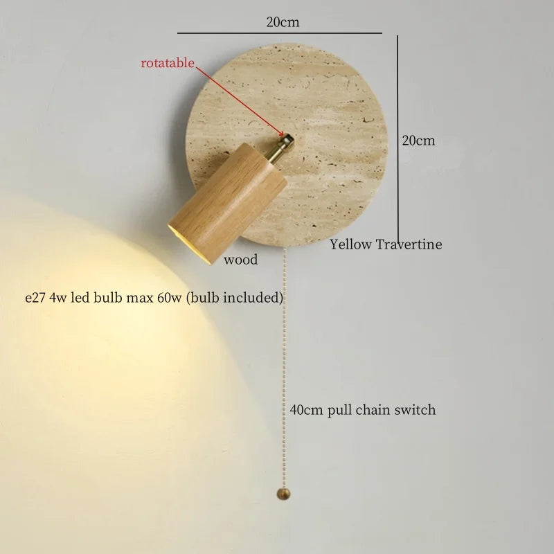 White Glass LED Wall Lamps Pull Chain Yellow Travertine Modern Bathroom Light