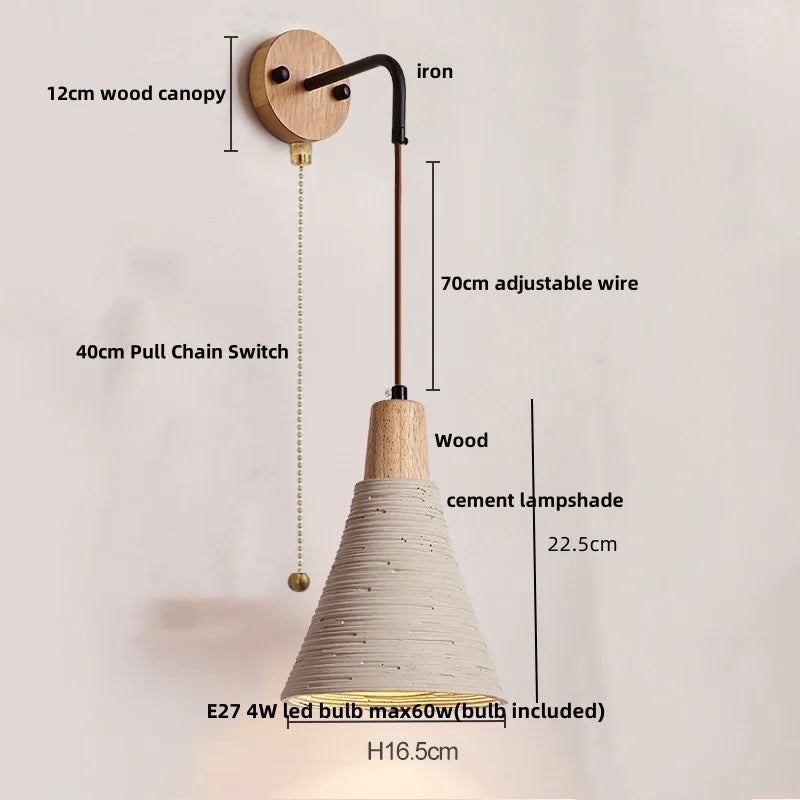 Nordic LED Wall Light Living Dining Room Sconce Wood Pull Chain Cement Lampshade