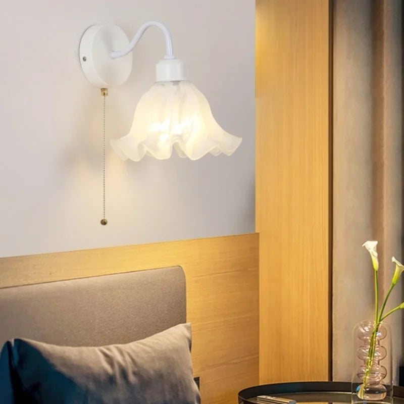 Glass Iron LED Wall Sconce Pull Chain Switch Stair Light Fixture for Bedroom