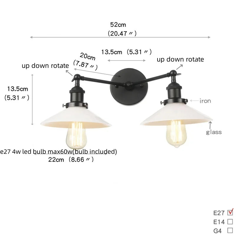 Industrial LED Wall Light Fixture with Pull Chain Switch, 2 Heads Bedside Lamp