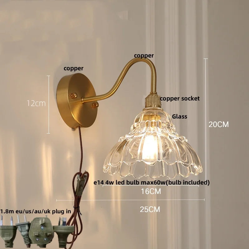 Vintage Loft LED Wall Sconce, Pink Glass Copper Stair Light Fixtures
