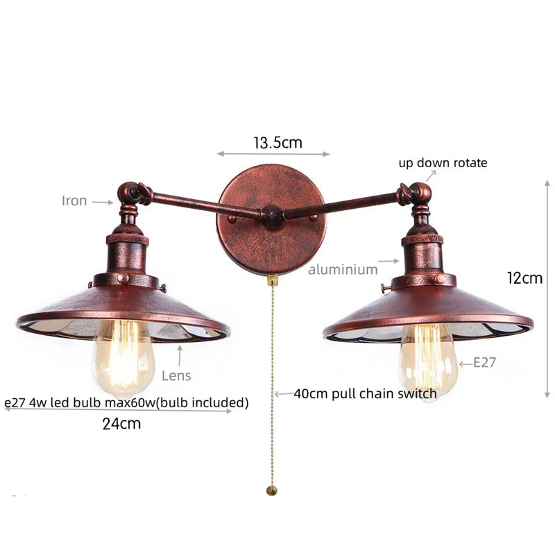 Vintage Gold Industrial Wall Lights with Pull Chain Switch and 2 Heads