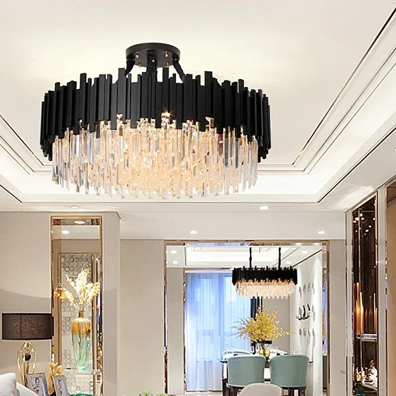 Oval LED Crystal Chandelier: Modern Black Pendant Light for Living Room, Bedroom, Dining Room