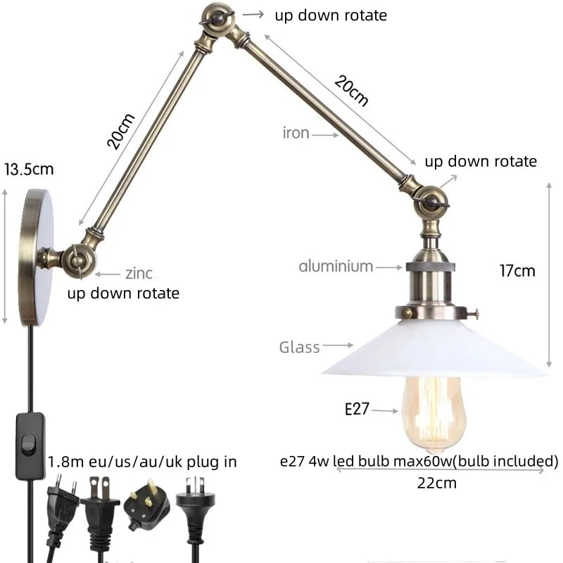 Vintage Industrial LED Wall Light with Clear Glass Shade & Adjustable Long Arm