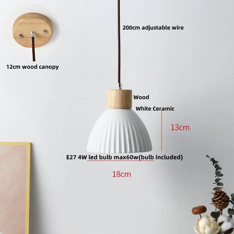 Wood LED Pendant Lamp White Ceramic Ball Hanging Lights
