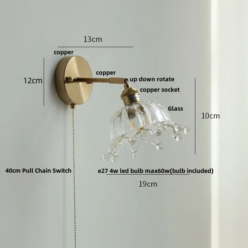 Afralia™ Flower Glass LED Wall Light - Vintage Rotate Copper Bedside Lamp