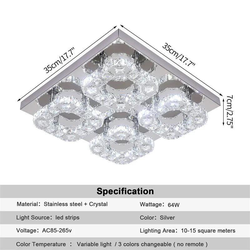 Crystal LED Ceiling Light: Modern Square K9 Chandeliers, Dimmable Stainless Steel Fixture.