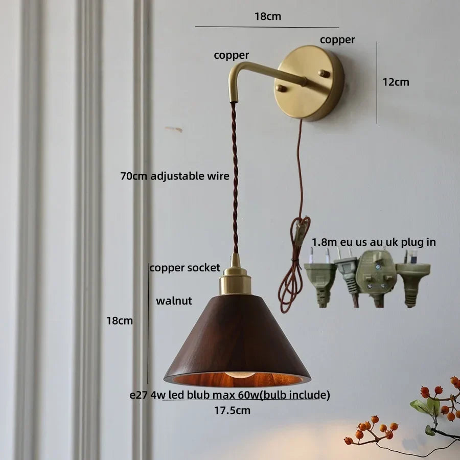 Wood LED Wall Lamp with Copper Socket & Pull Chain Switch - Adjustable Staircase Light