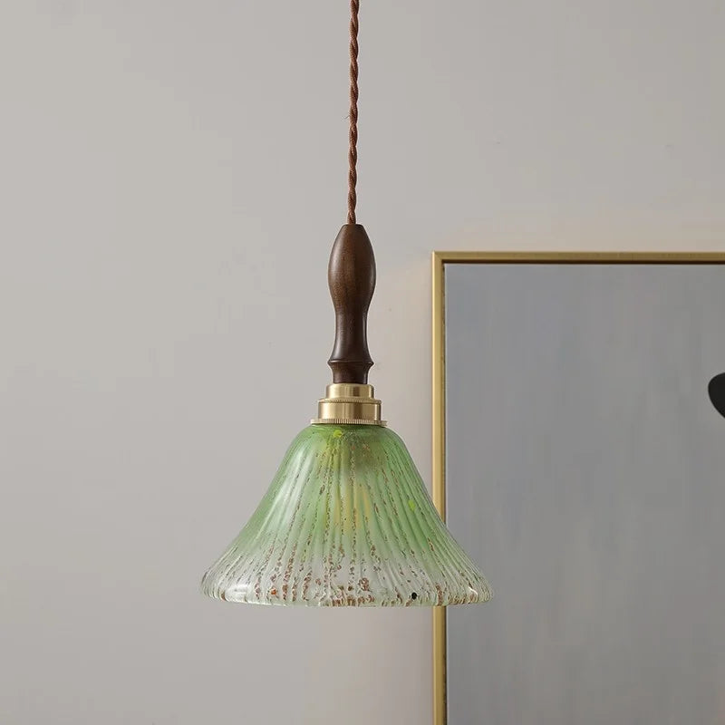 Walnut Wood LED Pendant Lamp with Cyan Glass Shade
