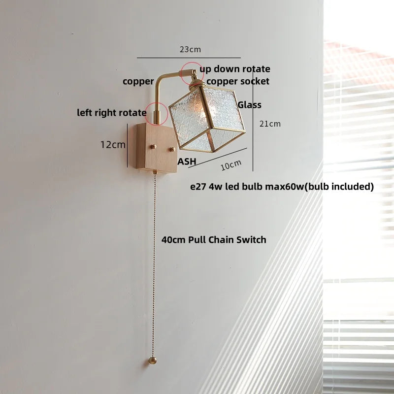 Walnut LED Wall Sconce, Vintage Glass Cube Stair Light Fixture