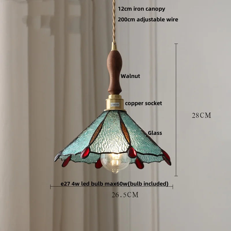 White Glass LED Pendant Light Fixture Walnut Wood Hang Lamp