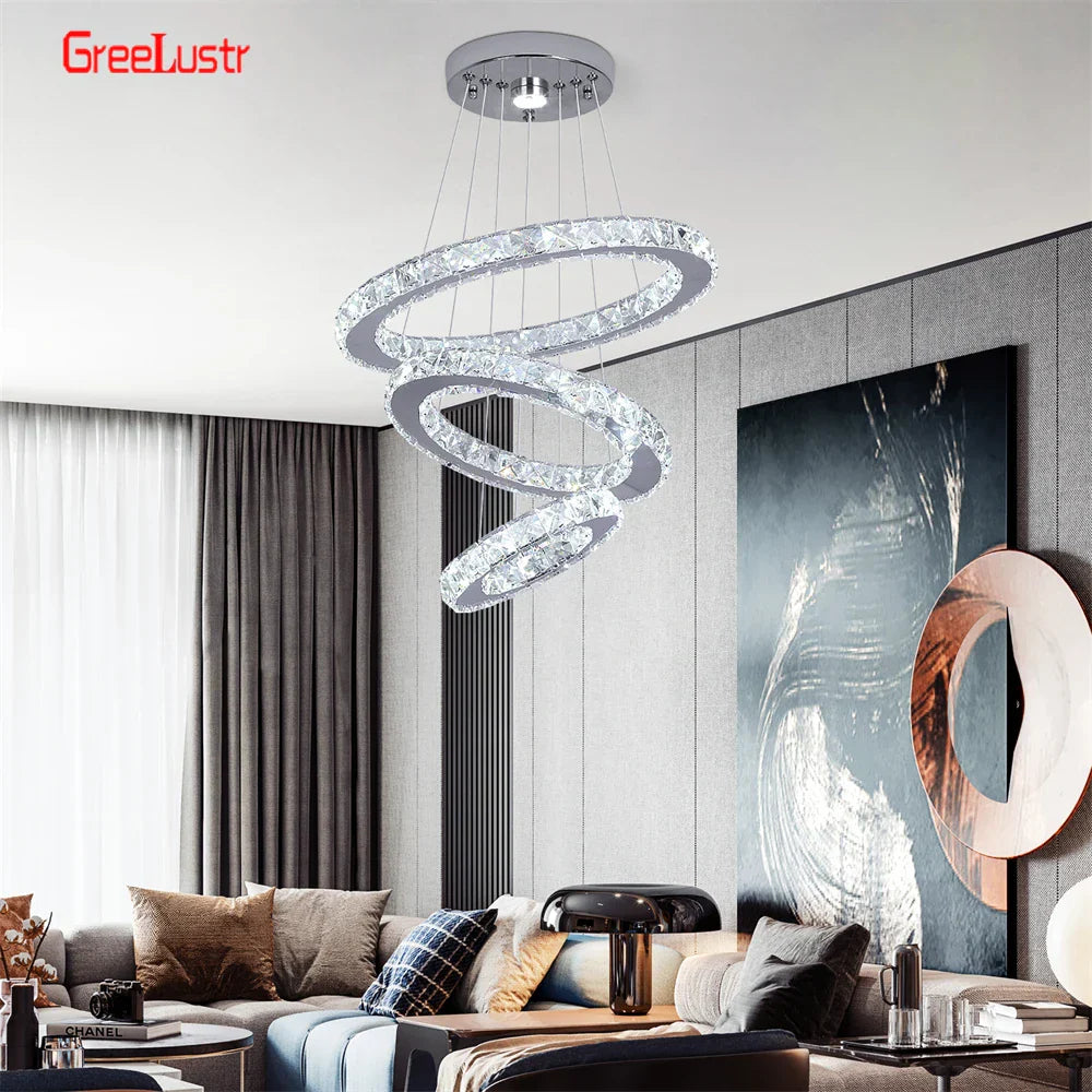 Crystal Chrome LED Pendant Light Rings Chandelier for Living Room Bedroom